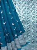 Teal Blue Chiniya Silk Saree With Pichwai Butta Design And Self Gold Zari