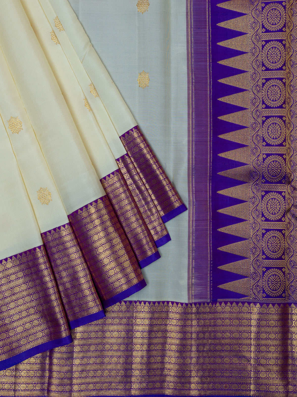 Kanjeevaram Kanchi Pattu All Over Butta Gold Zari With Contrast Border (Talambralu) White + Purple