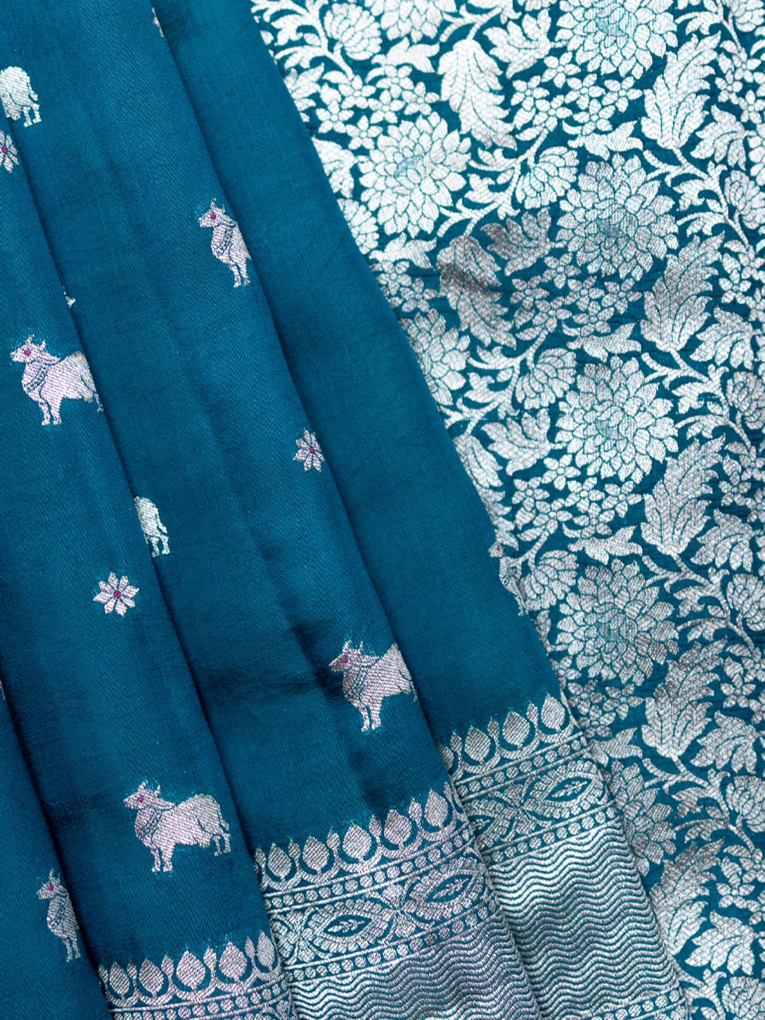Teal Blue Chiniya Silk Saree With Pichwai Butta Design And Self Gold Zari