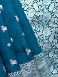 Teal Blue Chiniya Silk Saree With Pichwai Butta Design And Self Gold Zari