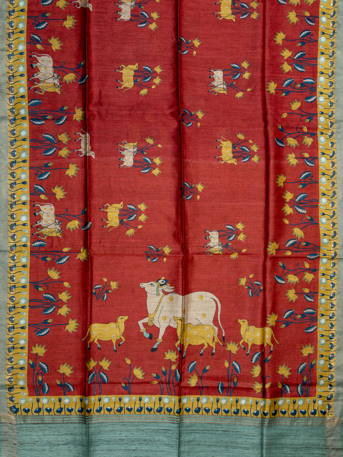 Fancy Tussar Silk Tussar Silk Pichwai Printed Pallu And Blouse Red