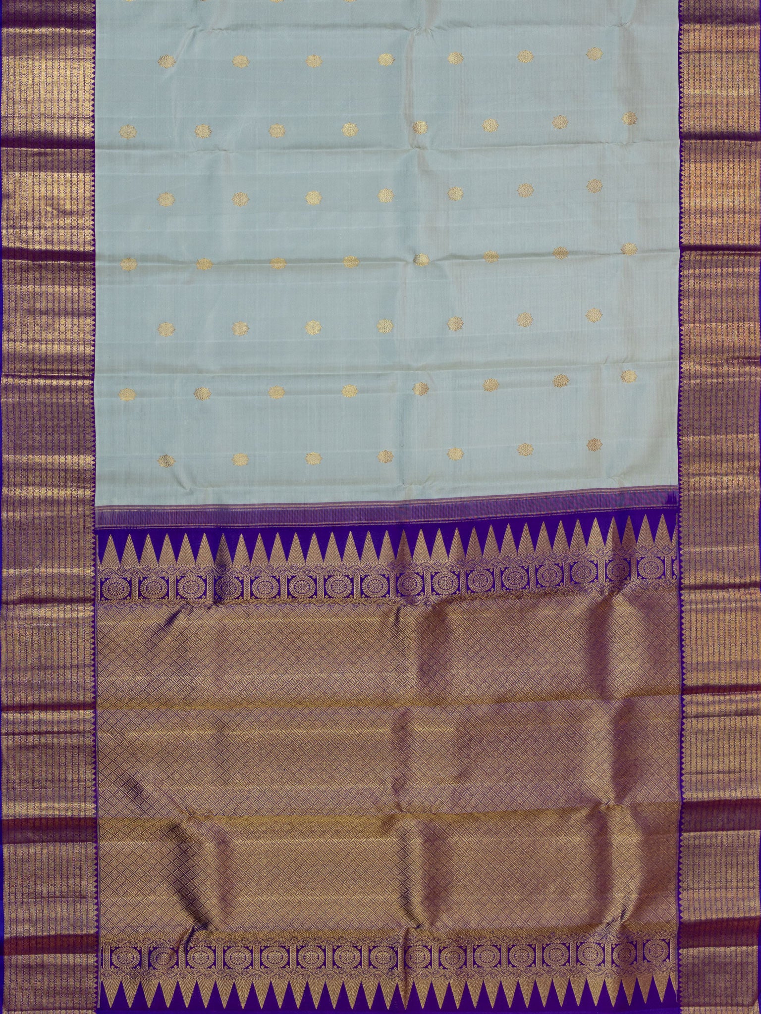 Kanjeevaram Kanchi Pattu All Over Butta Gold Zari With Contrast Border (Talambralu) White + Purple