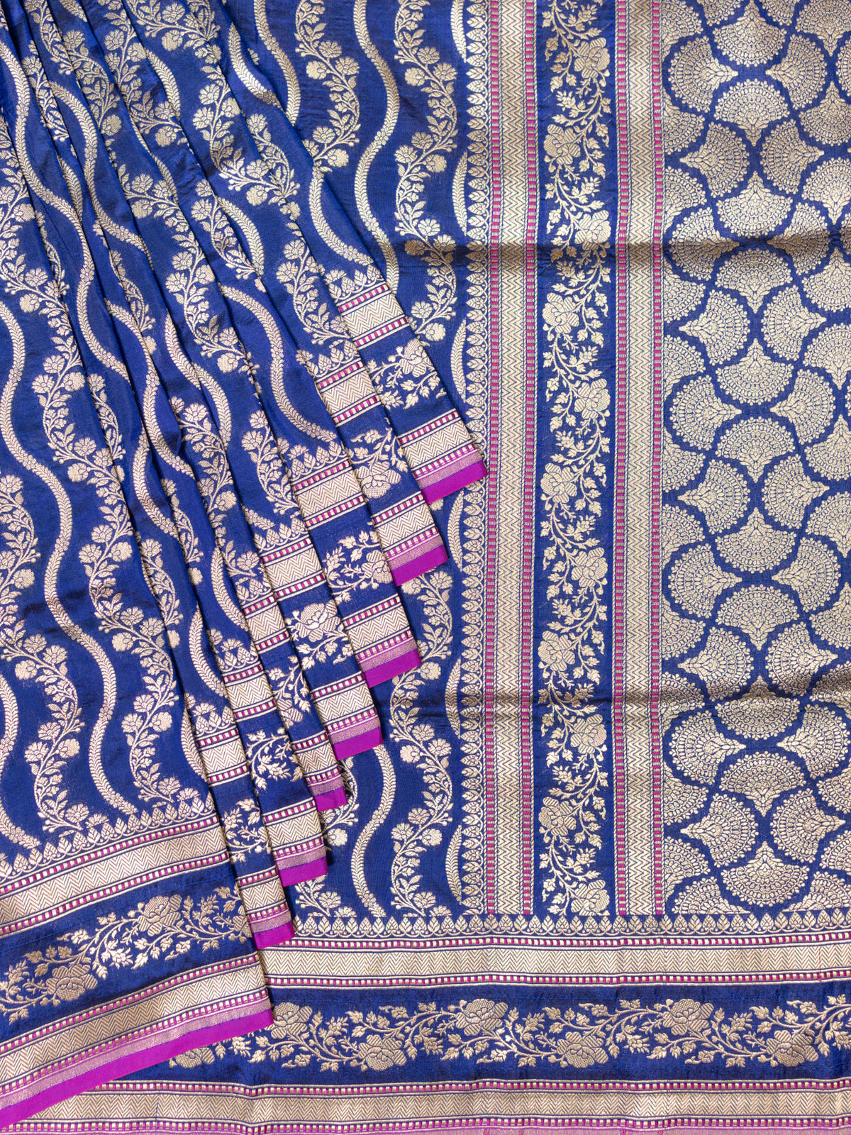Navy Blue Banarasi Jaal Saree with Gold Zari Border
