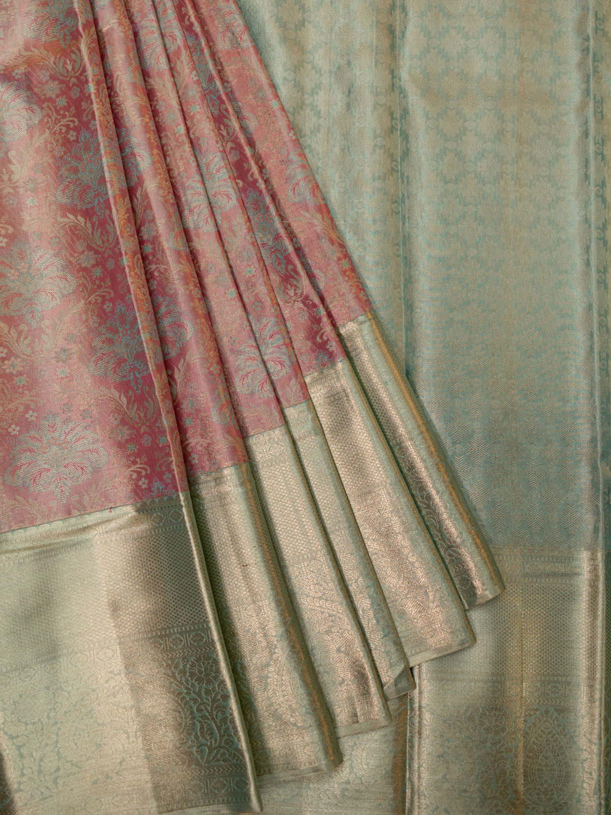 Kanjeevaram Tissue Kanchi Pattu All Over + Kanchi Border Pink + Ice Blue