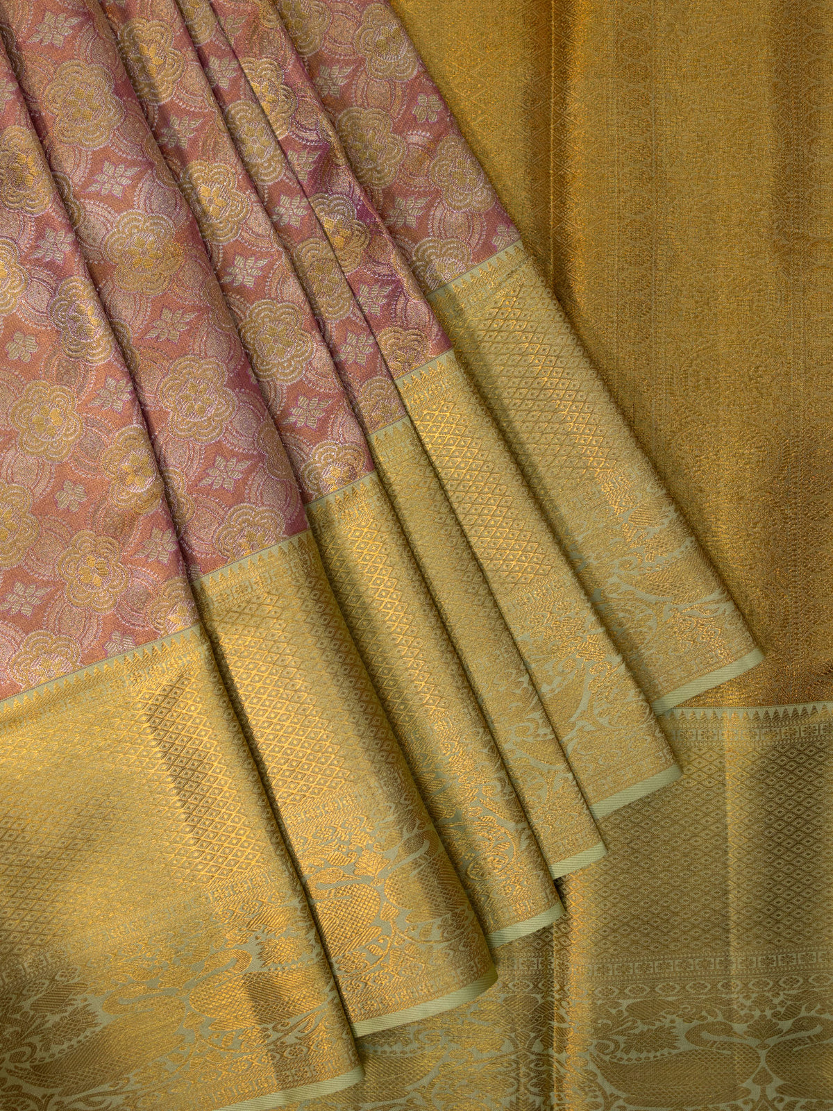 Kanjeevaram Tissue Kanchi Pattu All Over + Kanchi Border Peach + Pista Green