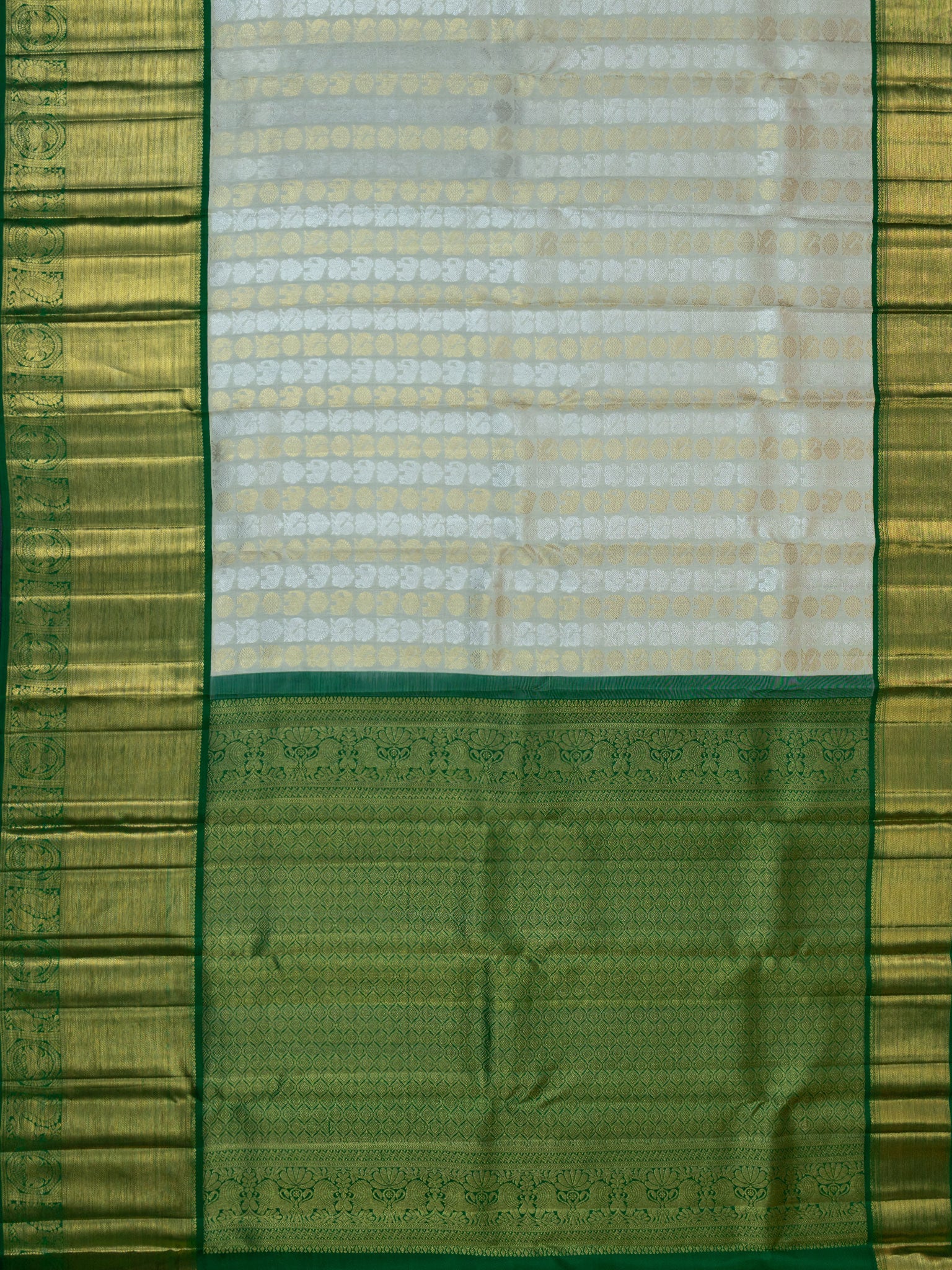 Kanjeevaram Kanchi Pattu All Over Butta Gold & Silver Zari With Contrast Border (Talambralu) White + Green
