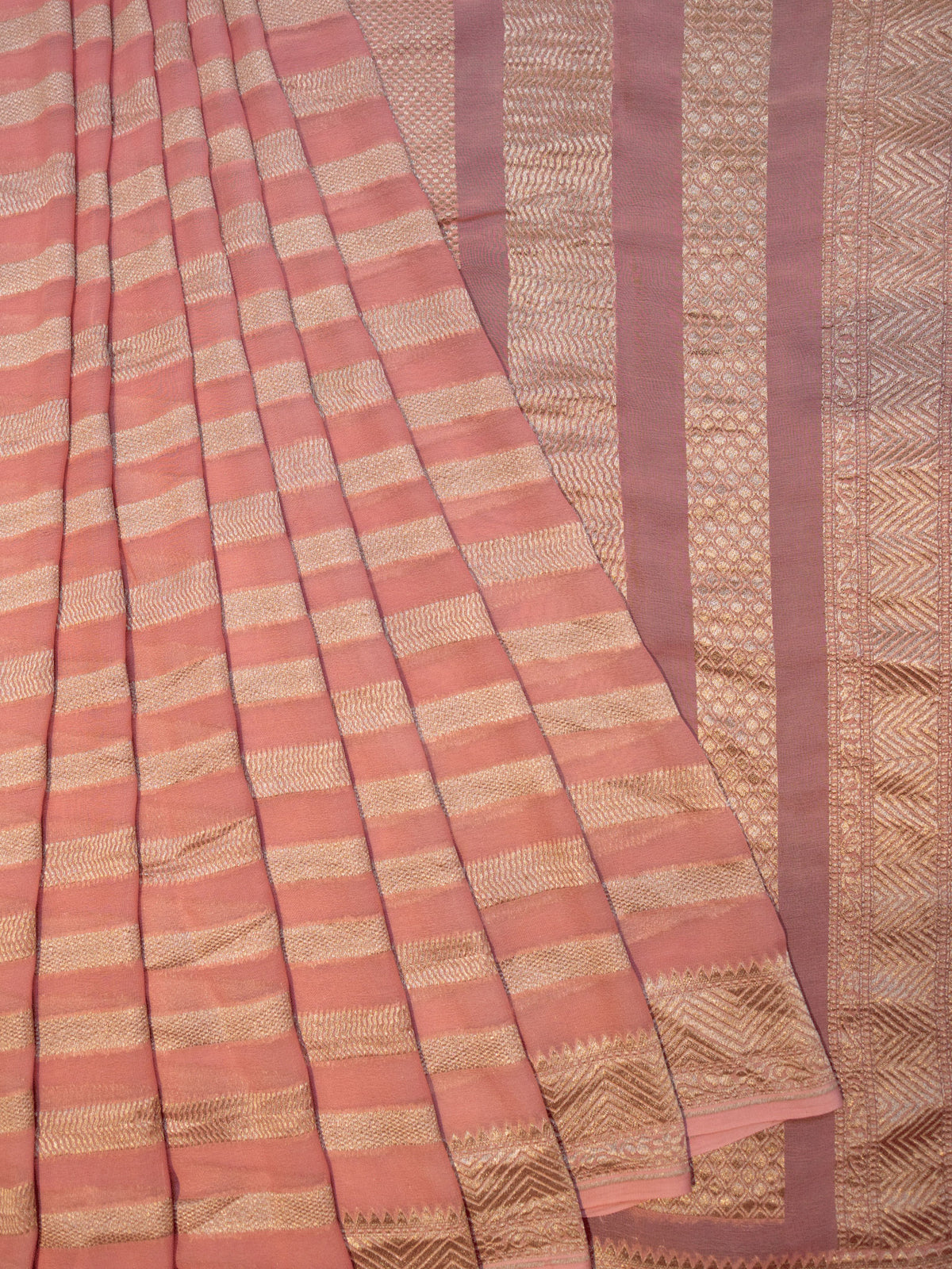 Pink Kaddi Georgette Banarasi Saree with Horizontal Zari Lines & Zari Border