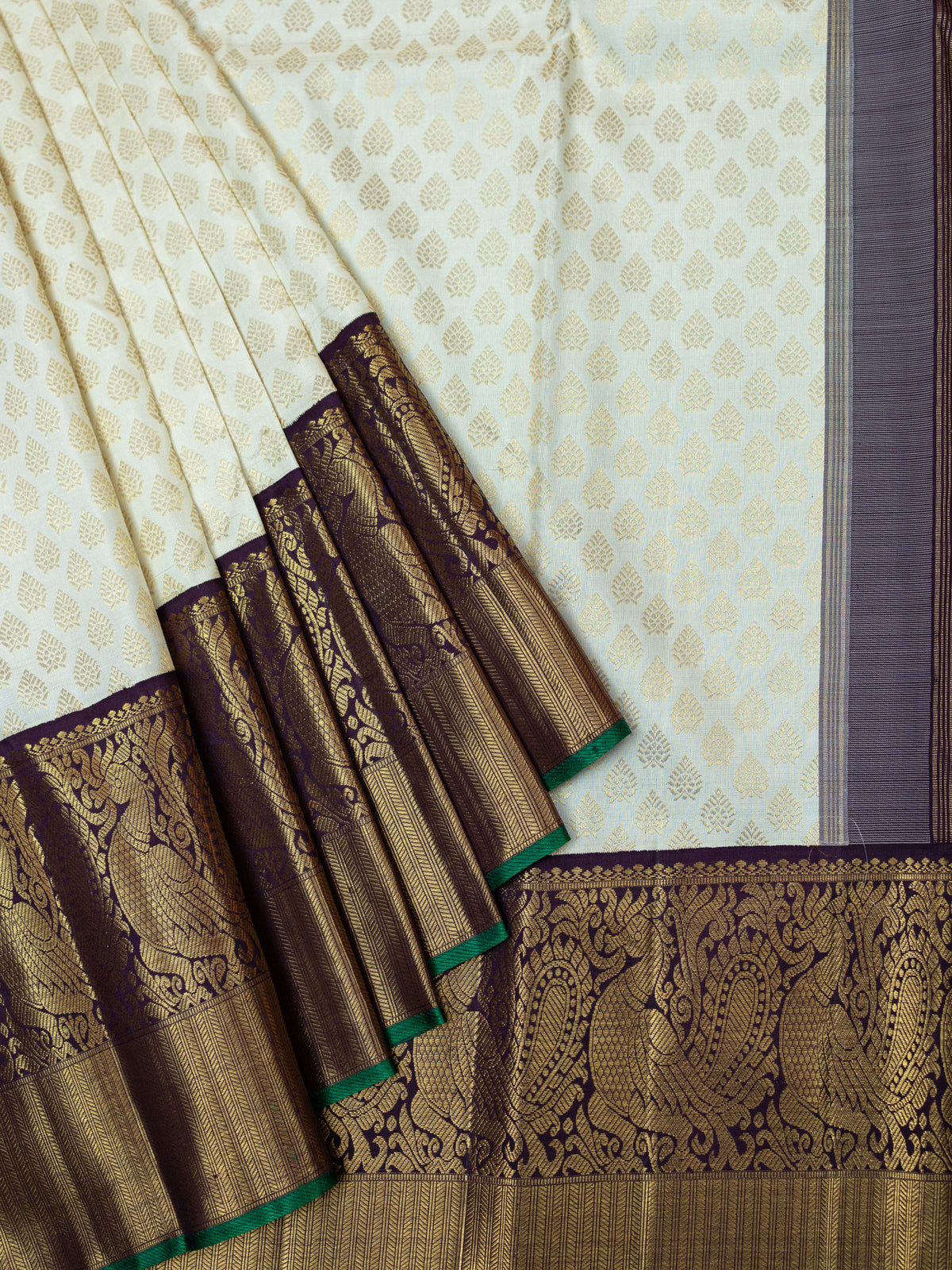 Kanjeevaram Kanchi Pattu All Over Butta Gold Zari With Contrast Border & Edgeing (Talambralu) White + Brown + Green