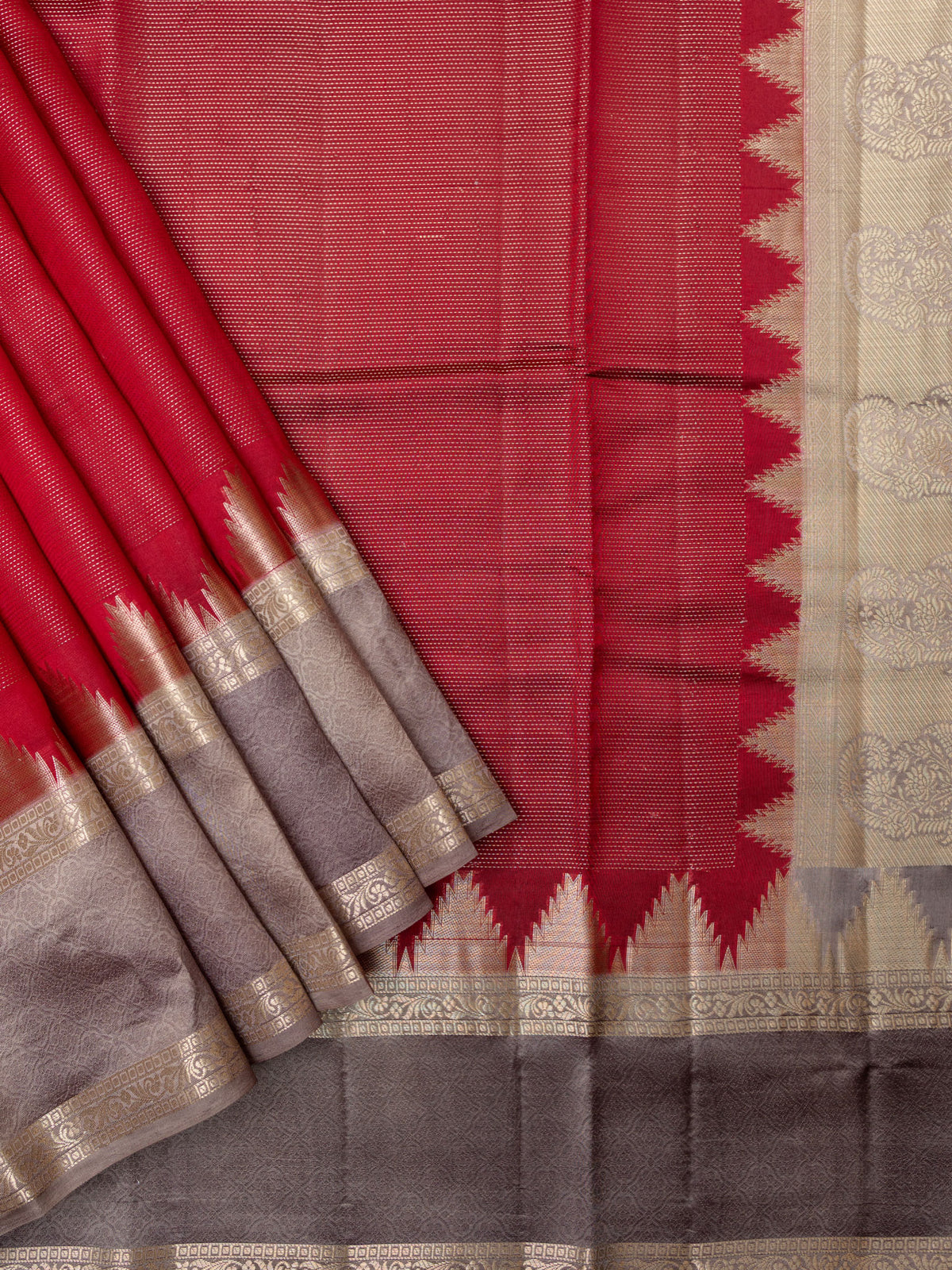 Brick Red Chiniya Silk Saree – Horizontal Zari Lines With Contrast Border