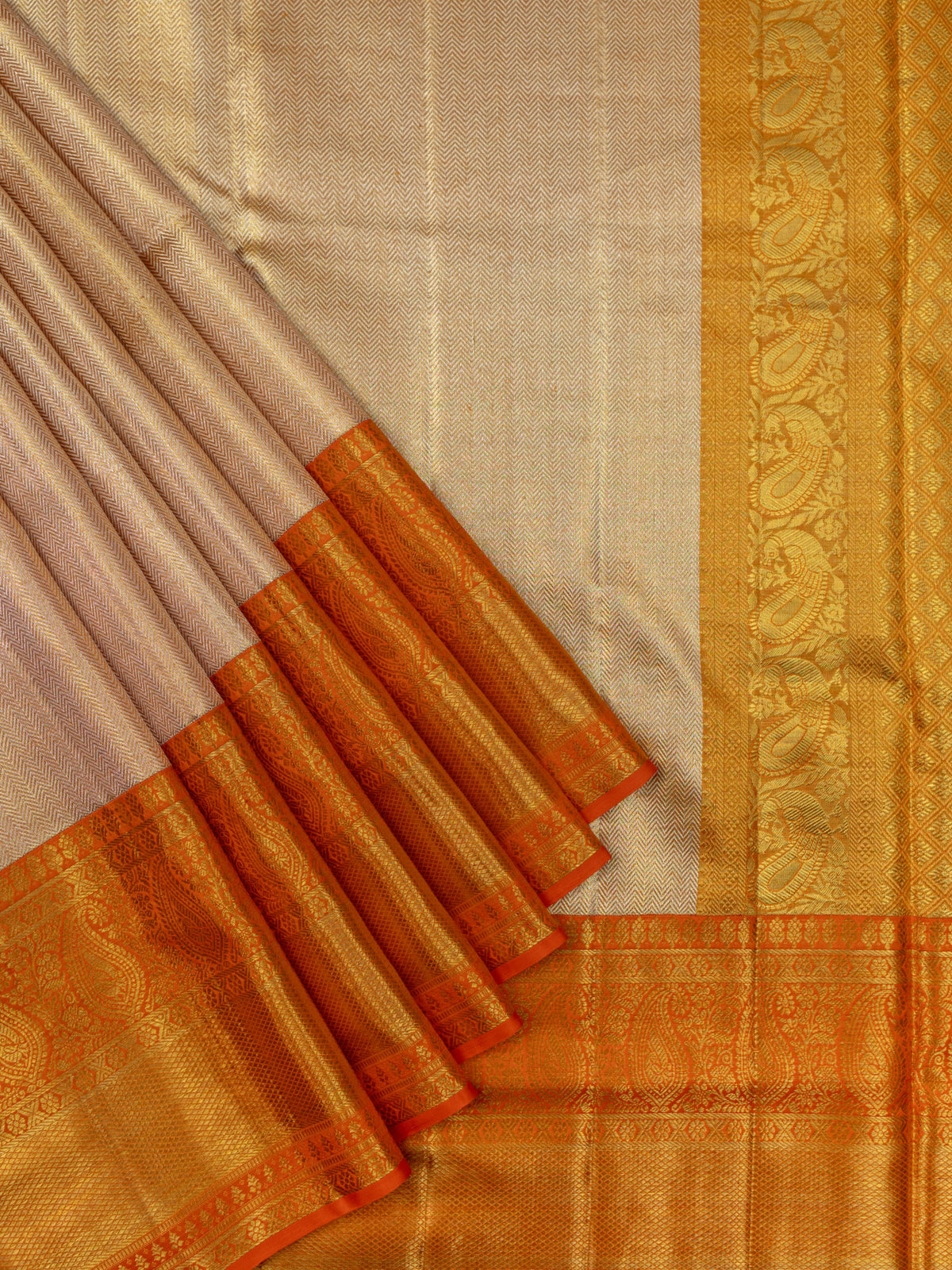 Kanjeevaram Kanchi Pattu Matte Finish Kanchi Contrast Border Cream Matte Orange Base