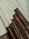 Kanjeevaram Kanchi Pattu All Over Butta Gold Zari With Contrast Border & Edgeing (Talambralu) White + Brown + Green
