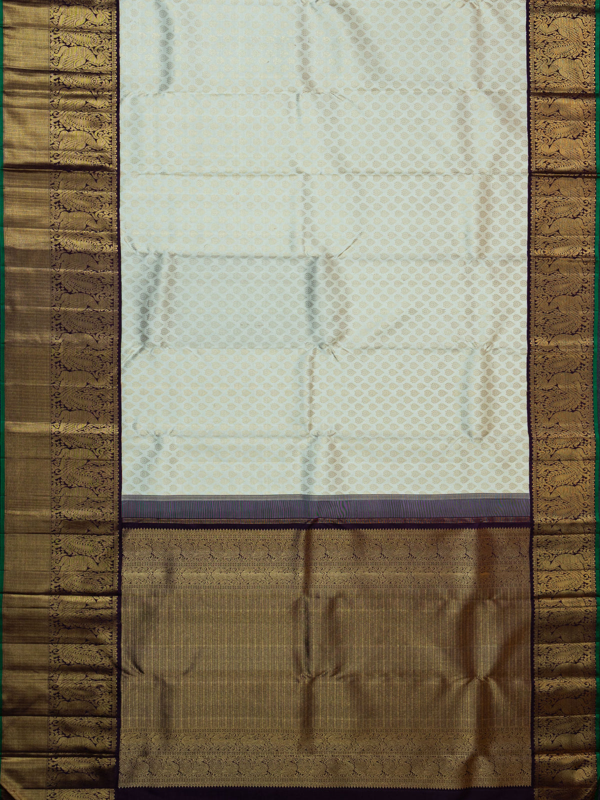Kanjeevaram Kanchi Pattu All Over Butta Gold Zari With Contrast Border & Edgeing (Talambralu) White + Brown + Green