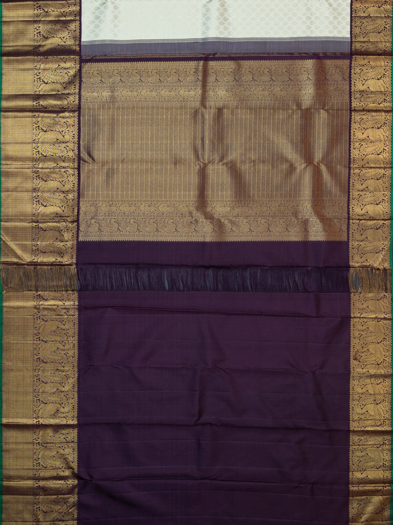 Kanjeevaram Kanchi Pattu All Over Butta Gold Zari With Contrast Border & Edgeing (Talambralu) White + Brown + Green
