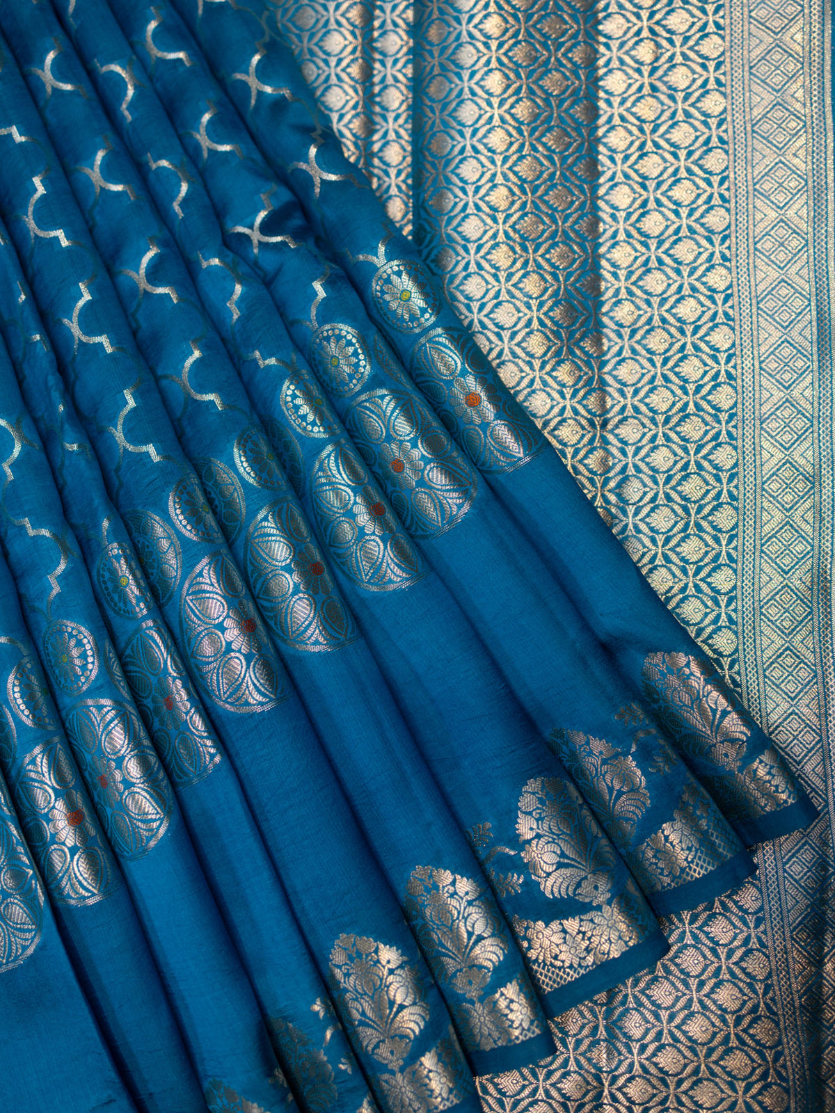 Anandha Blue Chiniya Silk Saree With All Over Weave And Self Gold Zari