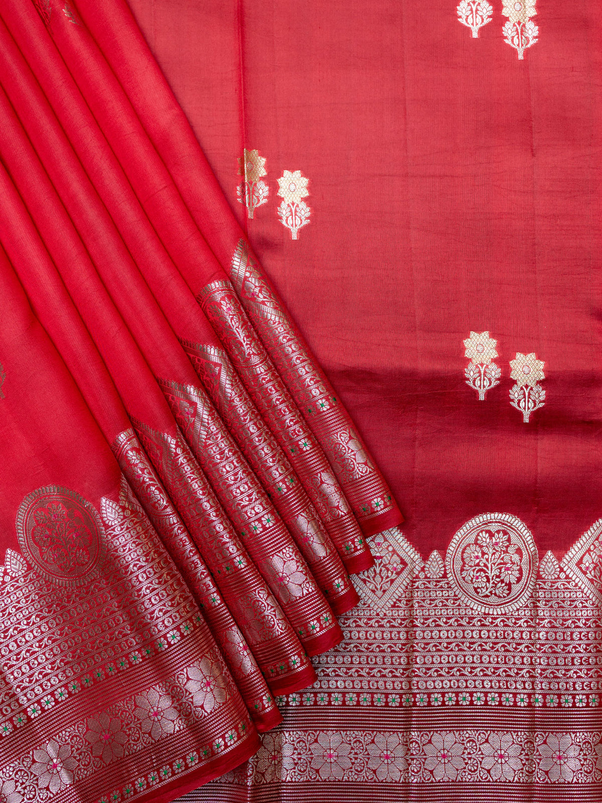 Red Chiniya Silk Saree – All Over Silver Zari Weave With Self Border