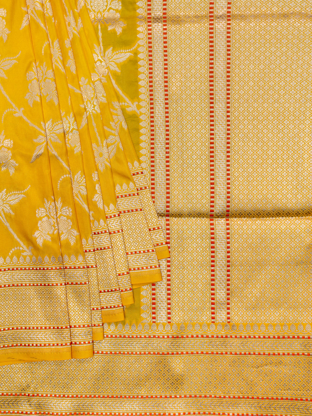 Banarasi Jaal Saree Yellow Silver Zari Unstitched