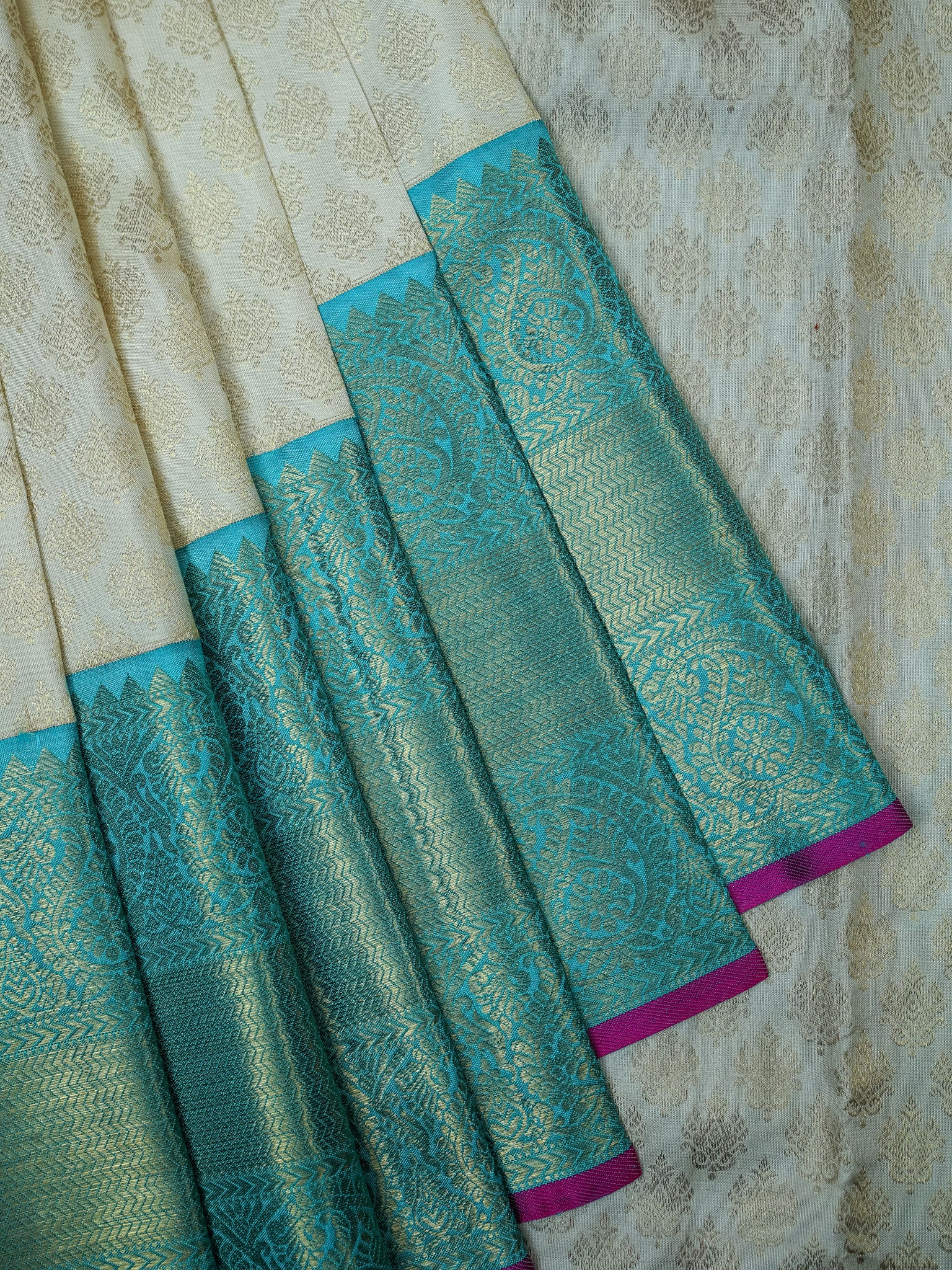 Kanjeevaram Kanchi Pattu All Over Butta Gold Zari With Contrast Border & Edgeing (Talambralu) White + Blue + Pink