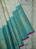 Kanjeevaram Kanchi Pattu All Over Butta Gold Zari With Contrast Border & Edgeing (Talambralu) White + Blue + Pink