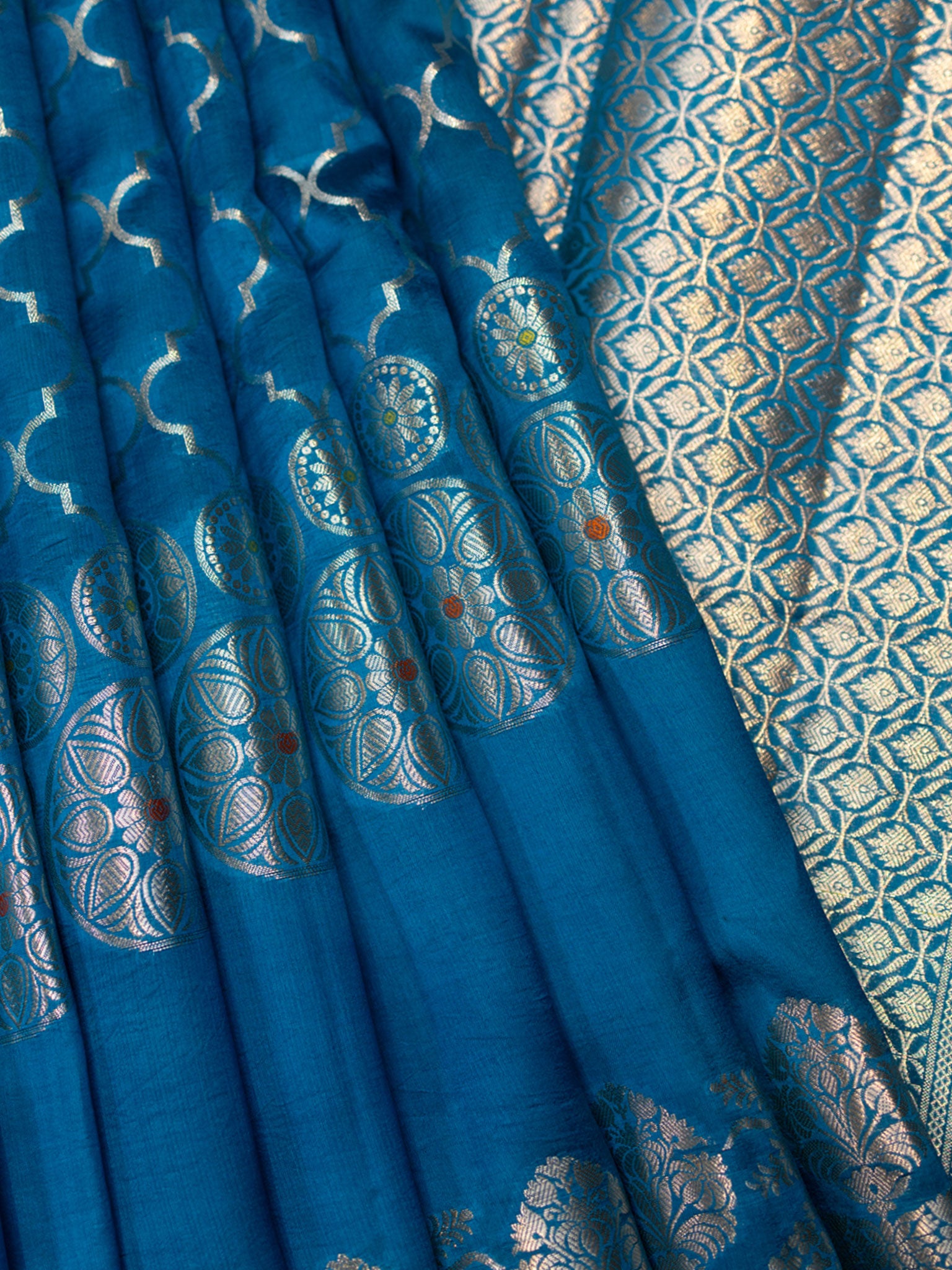 Anandha Blue Chiniya Silk Saree With All Over Weave And Self Gold Zari