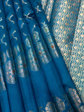 Anandha Blue Chiniya Silk Saree With All Over Weave And Self Gold Zari