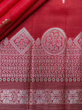 Red Chiniya Silk Saree – All Over Silver Zari Weave With Self Border