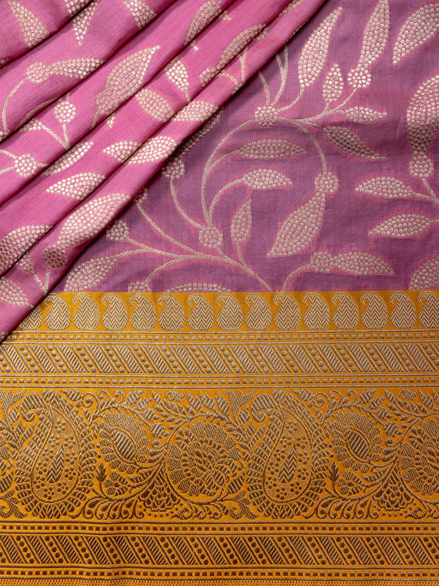 Weaves Banarasi Banarasi Jaal With Contrast Border Pallu And Blouse Peach Pink + Yellow