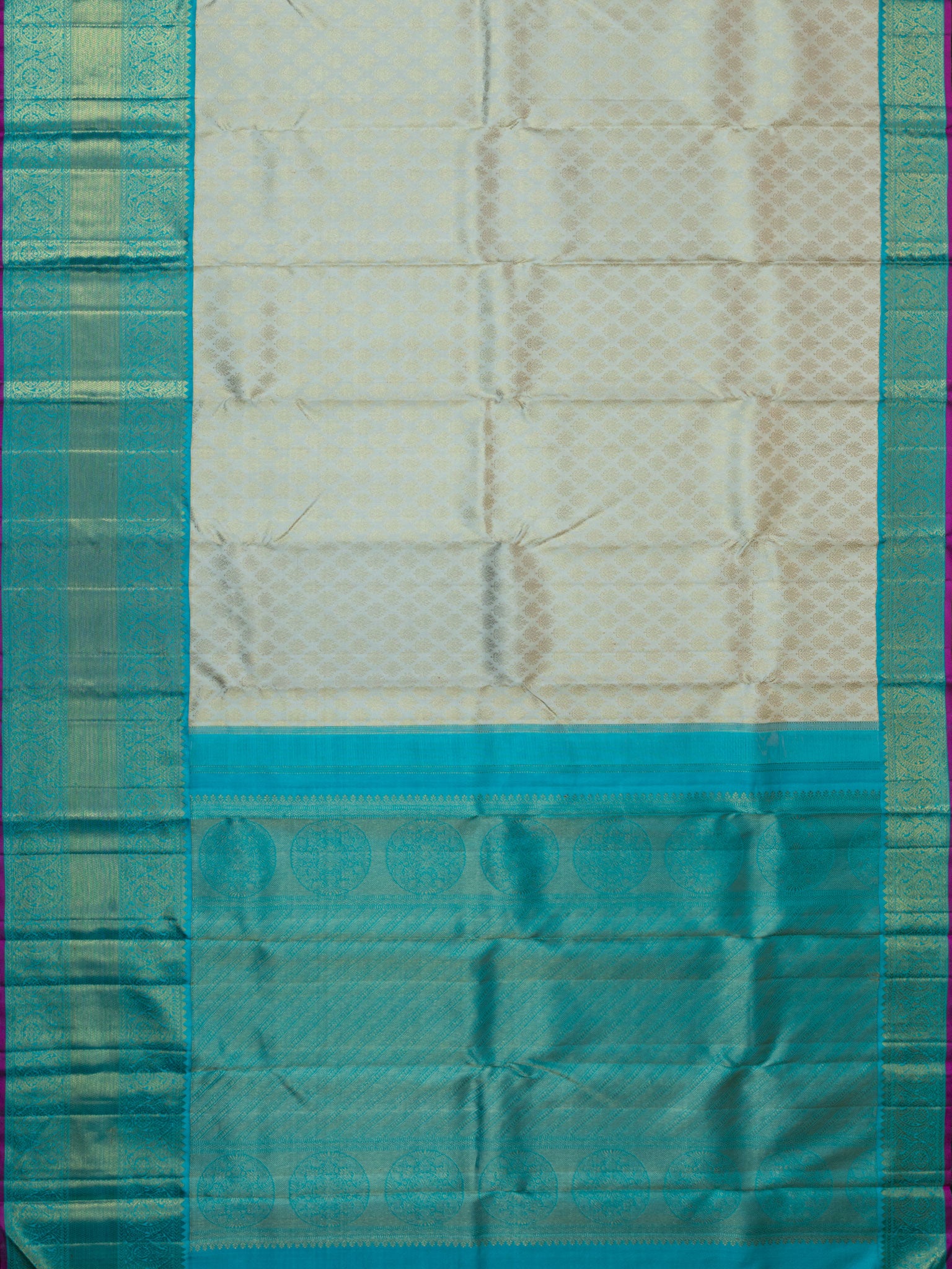 Kanjeevaram Kanchi Pattu All Over Butta Gold Zari With Contrast Border & Edgeing (Talambralu) White + Blue + Pink