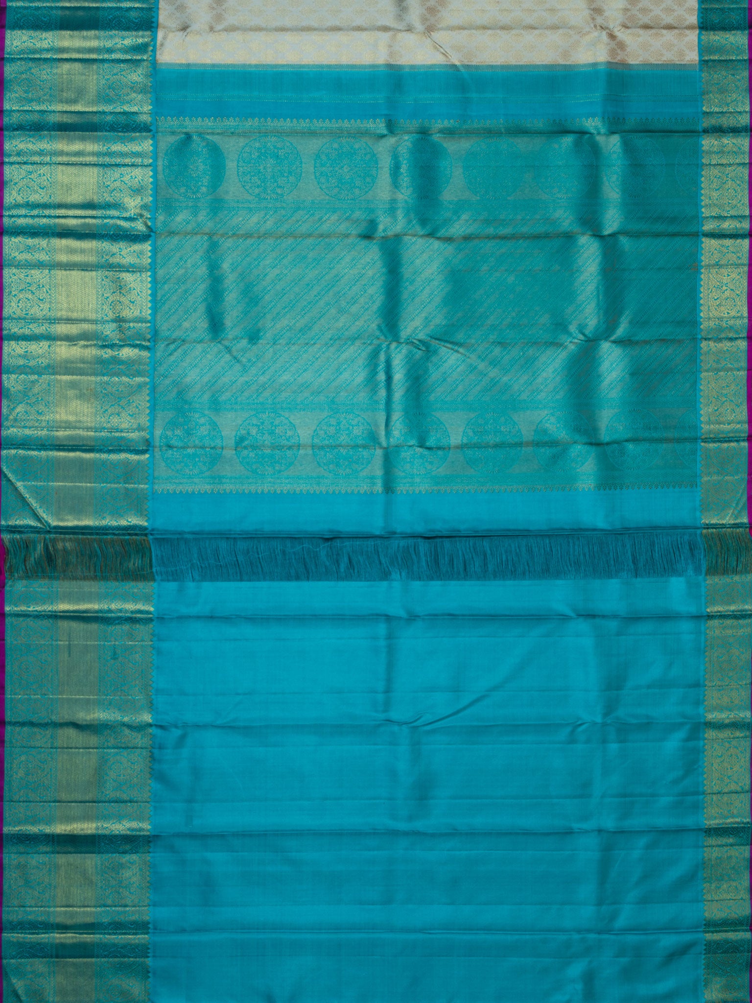 Kanjeevaram Kanchi Pattu All Over Butta Gold Zari With Contrast Border & Edgeing (Talambralu) White + Blue + Pink