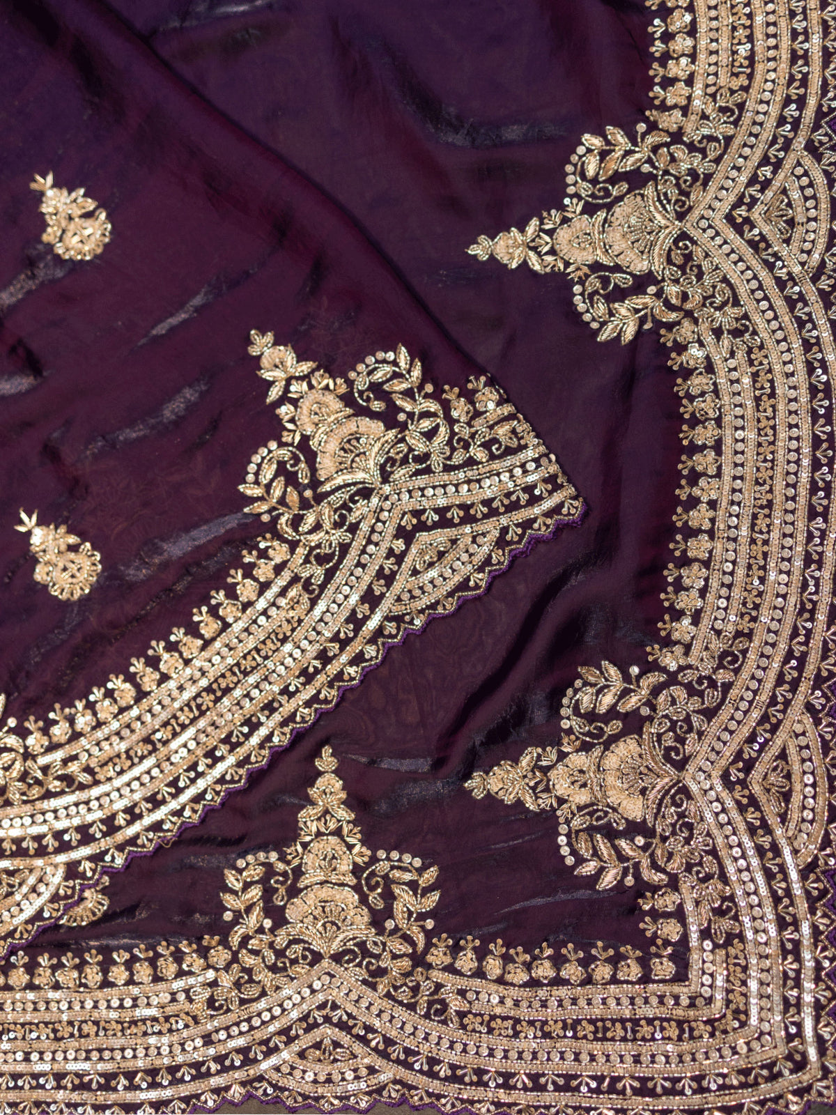 Fancy Tissue Crepe Hand Work + Butta (Sequence + Beads) + Cut Work Border Purple