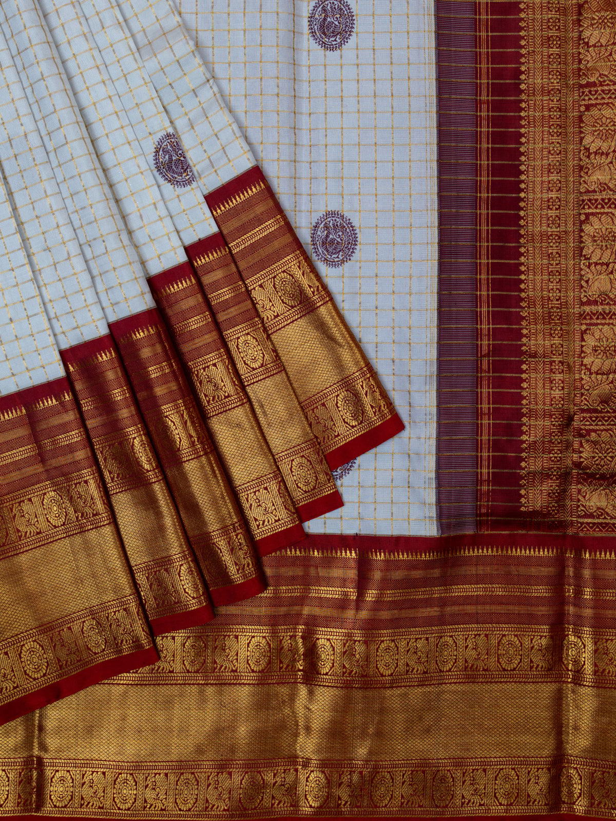 Kanjeevaram Kanchi Pattu All Over Checks With Thread Butta Gold Zari (Talambralu) White + Brick