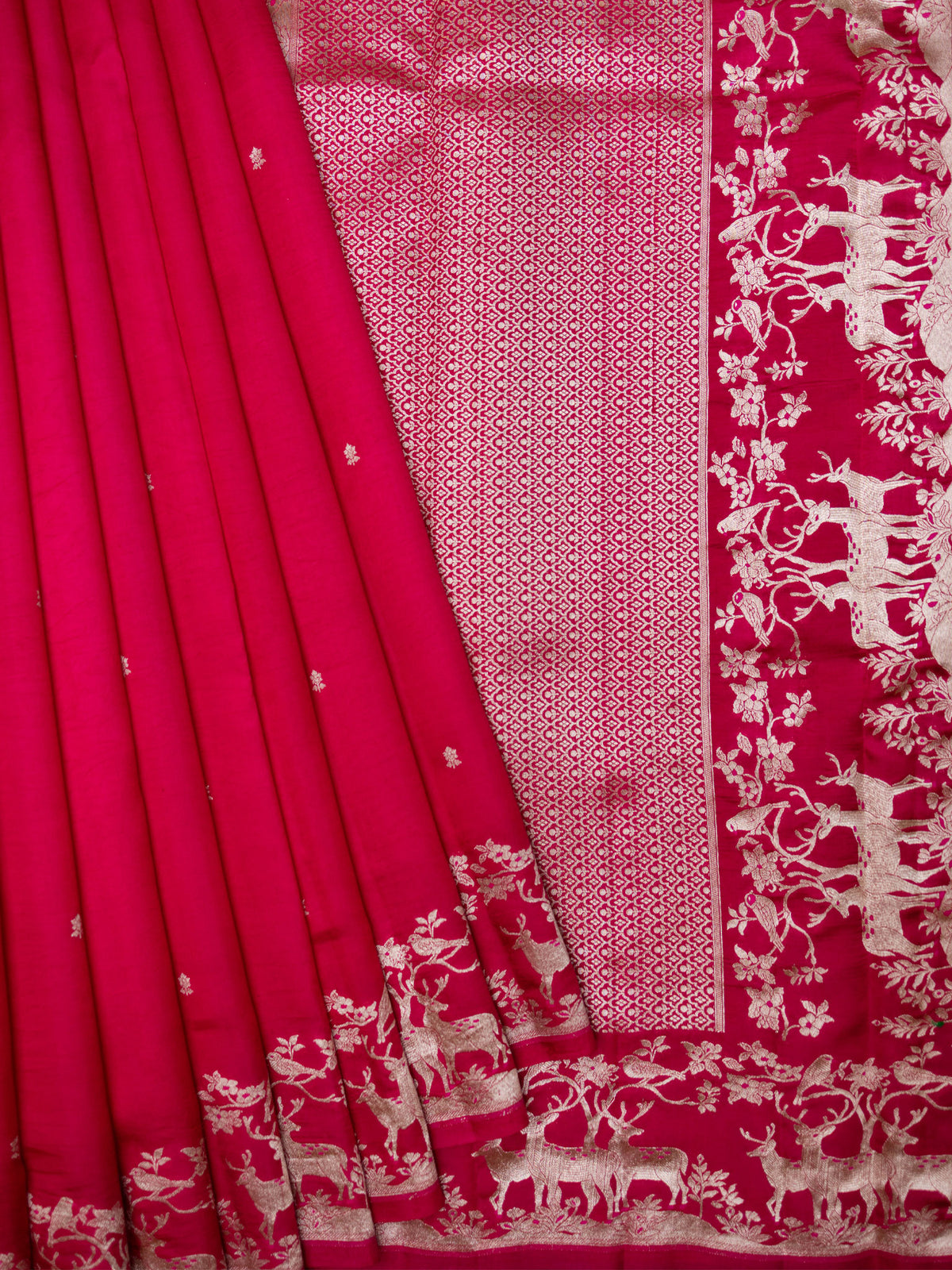 Rani Pink Chiniya Silk Saree With Small Butta Deer Border And Self Gold Zari