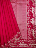 Rani Pink Chiniya Silk Saree With Small Butta Deer Border And Self Gold Zari
