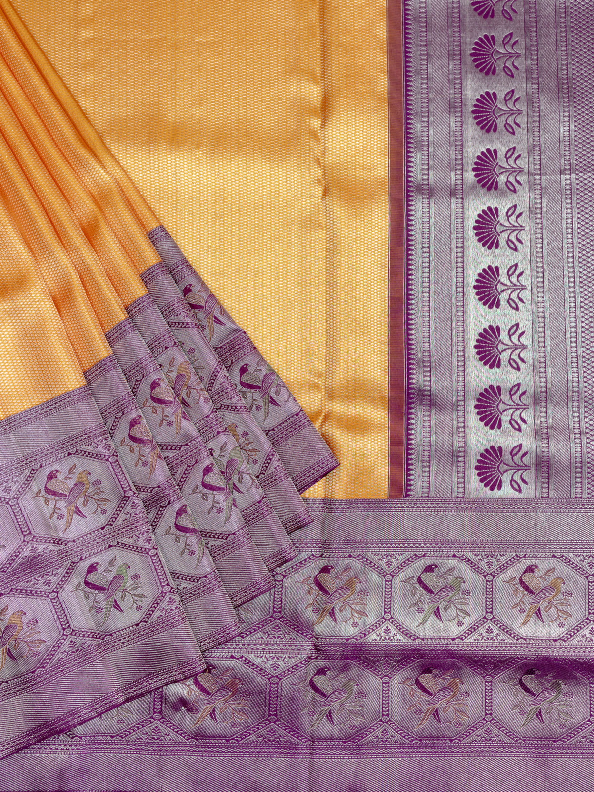 Kanjeevaram Kanchi Pattu Matte Finish With Contrast Border Orange + Purple