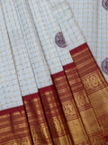 Kanjeevaram Kanchi Pattu All Over Checks With Thread Butta Gold Zari (Talambralu) White + Brick