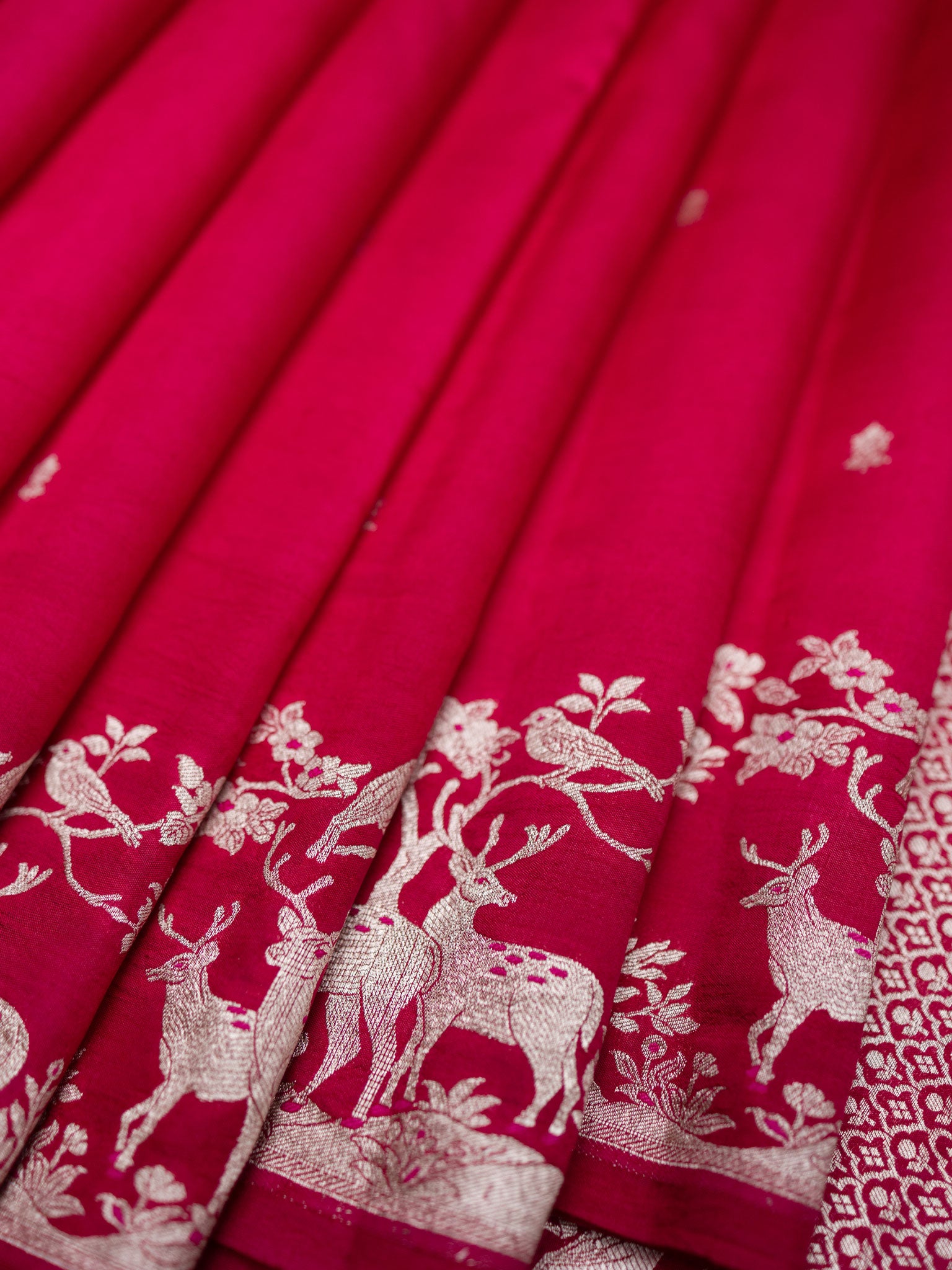 Rani Pink Chiniya Silk Saree With Small Butta Deer Border And Self Gold Zari