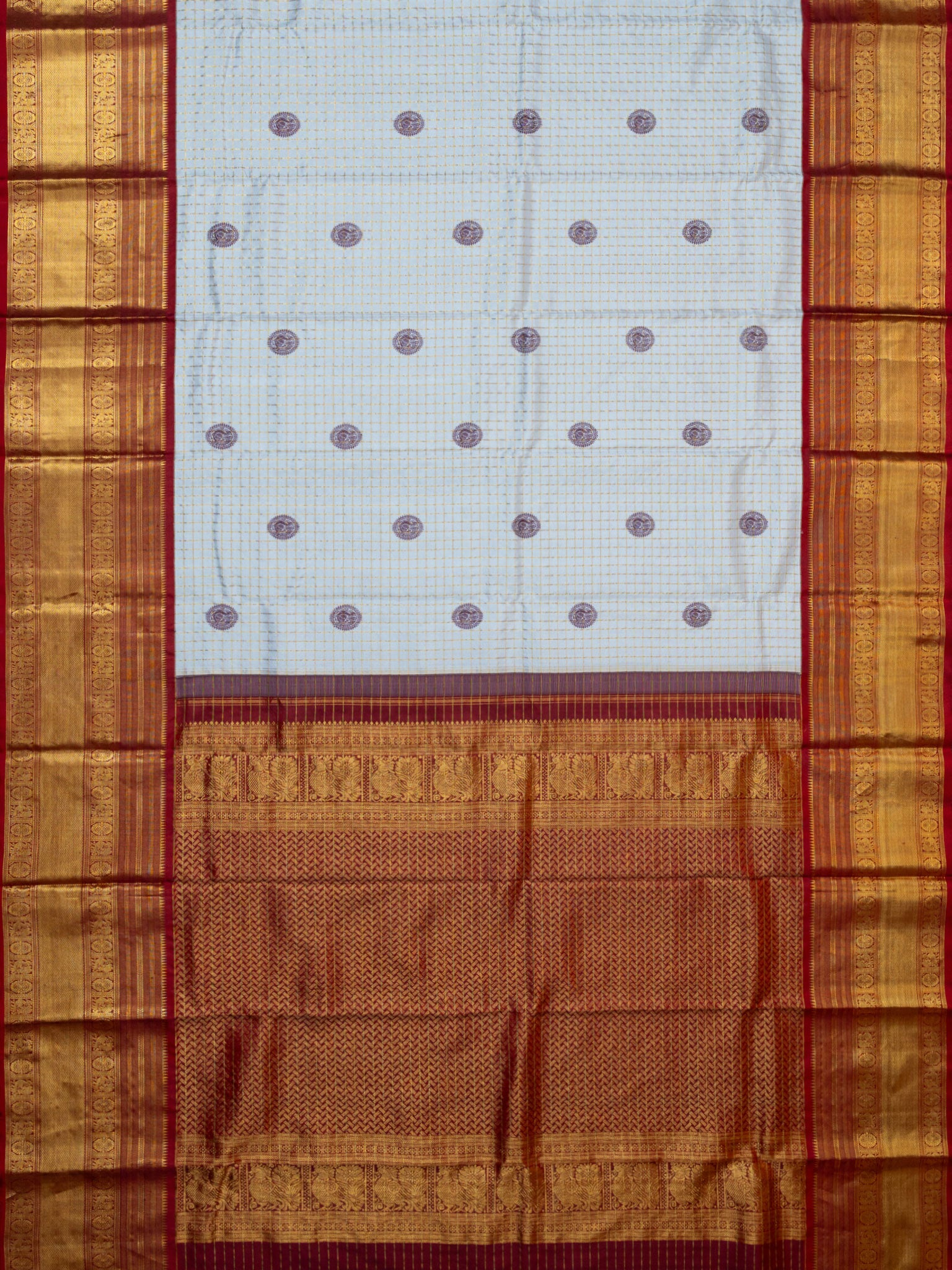 Kanjeevaram Kanchi Pattu All Over Checks With Thread Butta Gold Zari (Talambralu) White + Brick