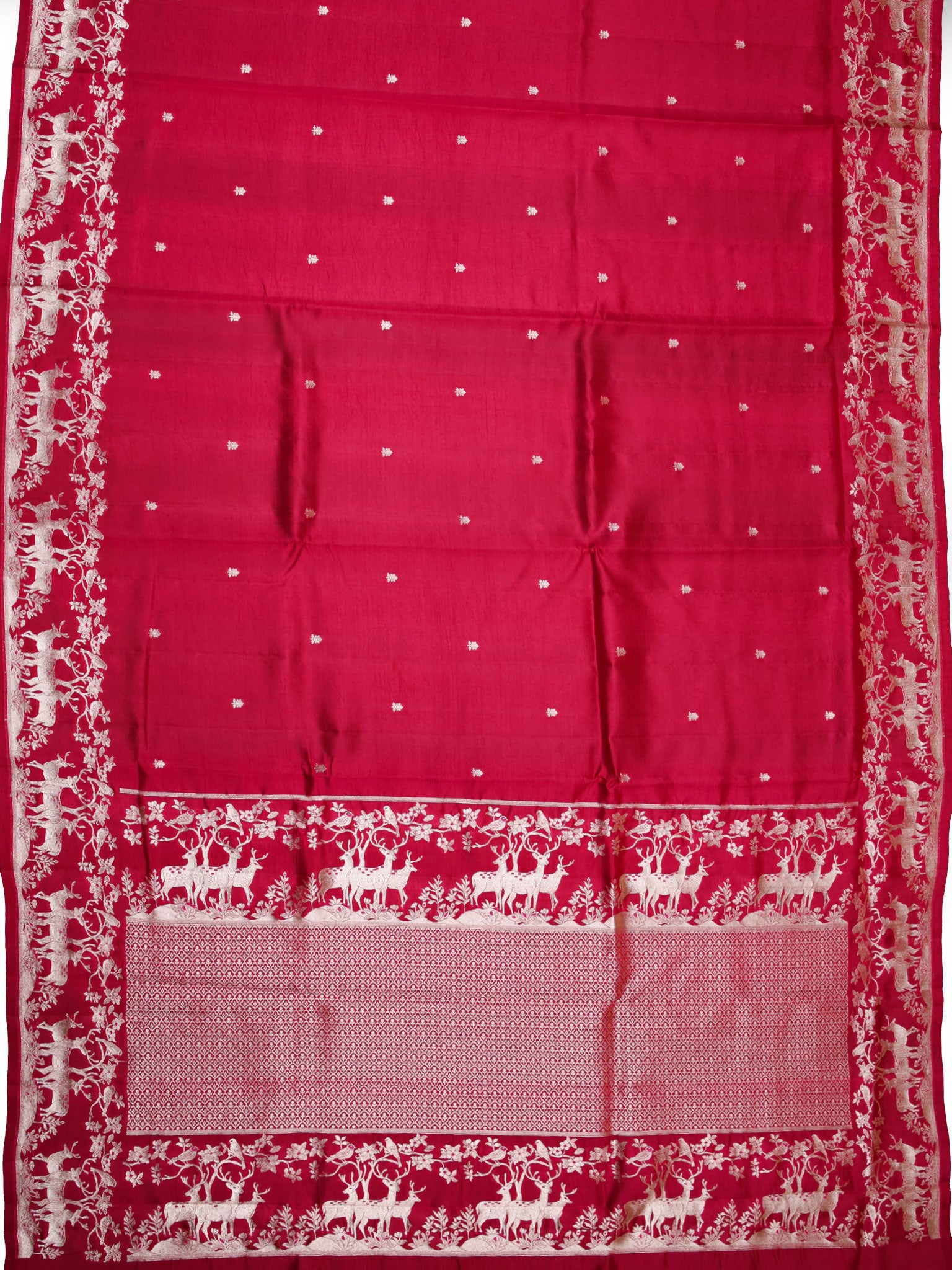 Rani Pink Chiniya Silk Saree With Small Butta Deer Border And Self Gold Zari