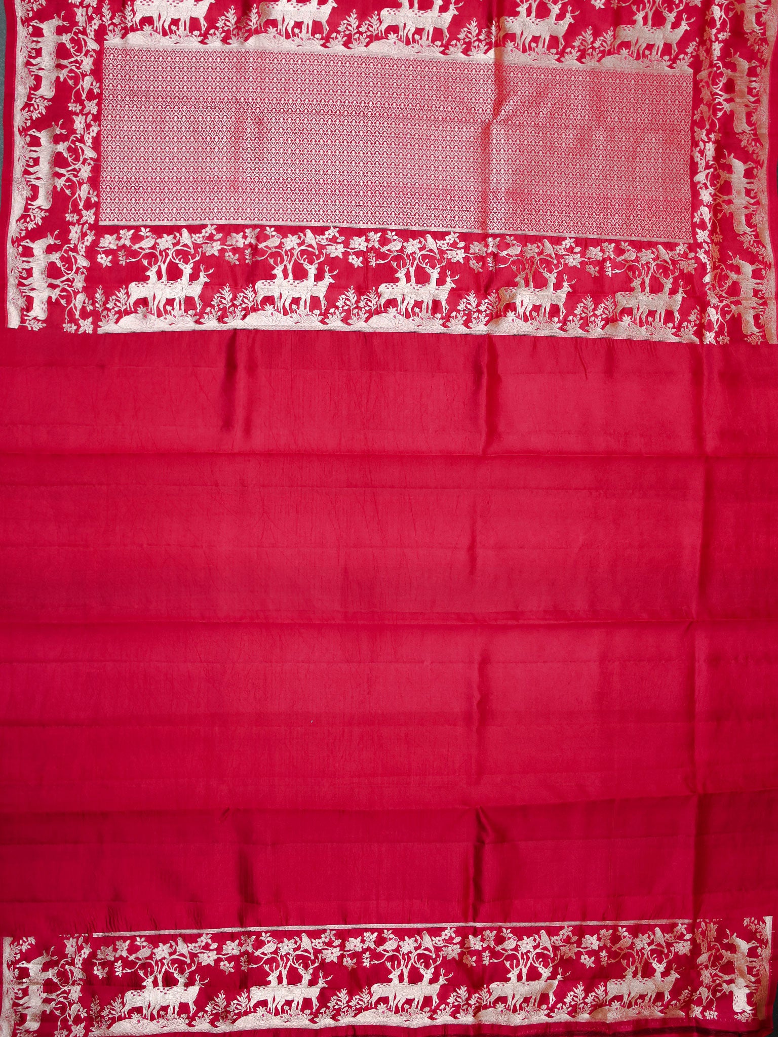Rani Pink Chiniya Silk Saree With Small Butta Deer Border And Self Gold Zari