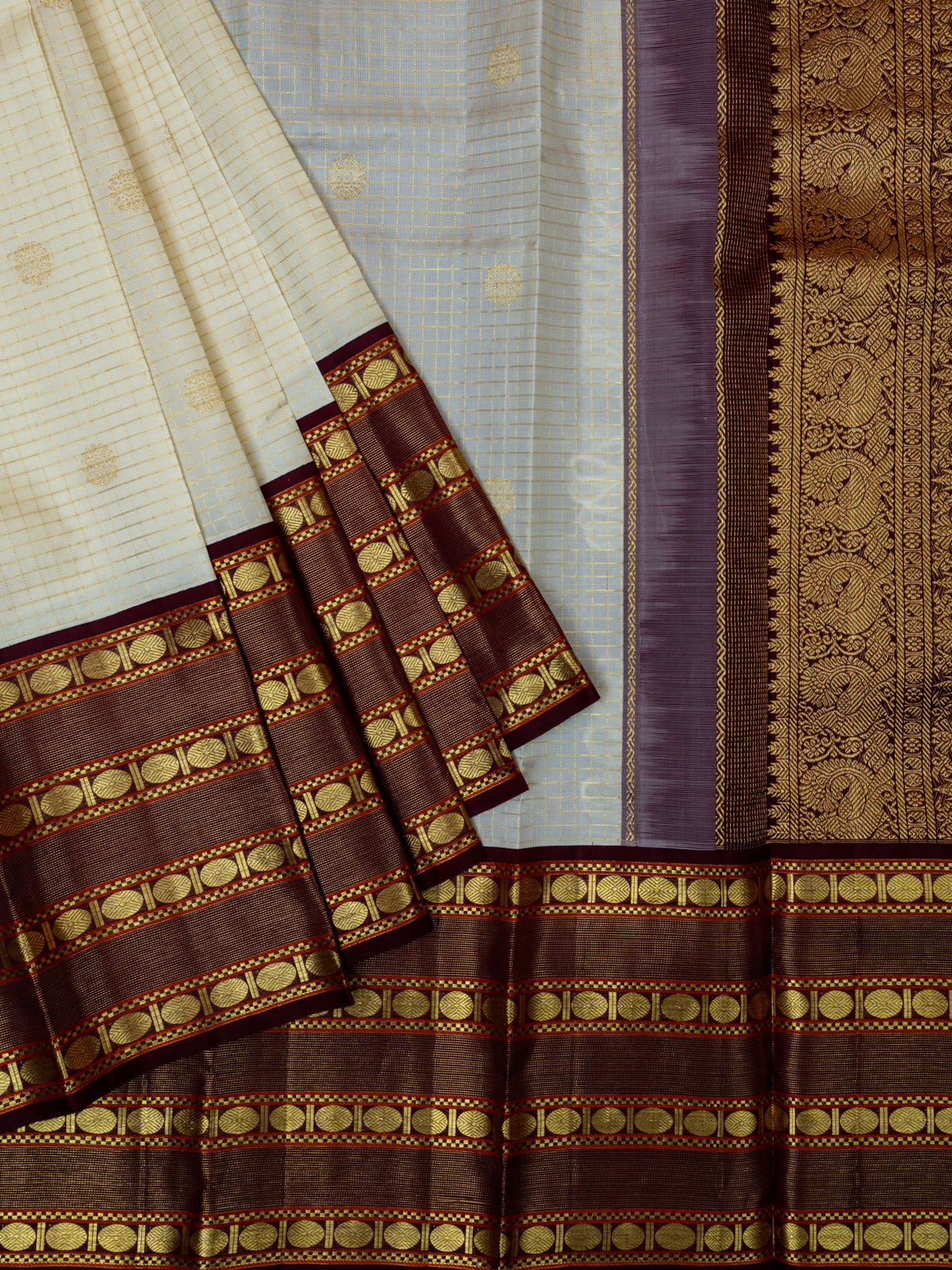 Kanjeevaram Kanchi Pattu All Over Butta Gold Zari With Contrast Border (Talambralu) White + Brown