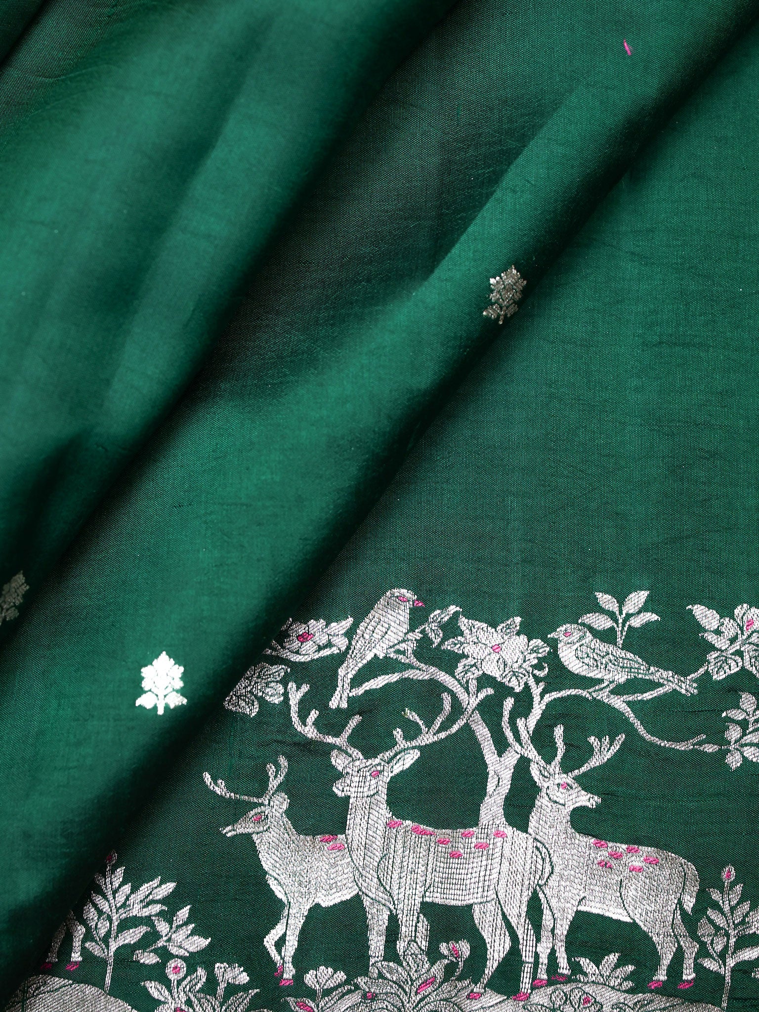 Bottle Green Chiniya Silk Saree With Small Butta Deer Border And Self Gold Zari