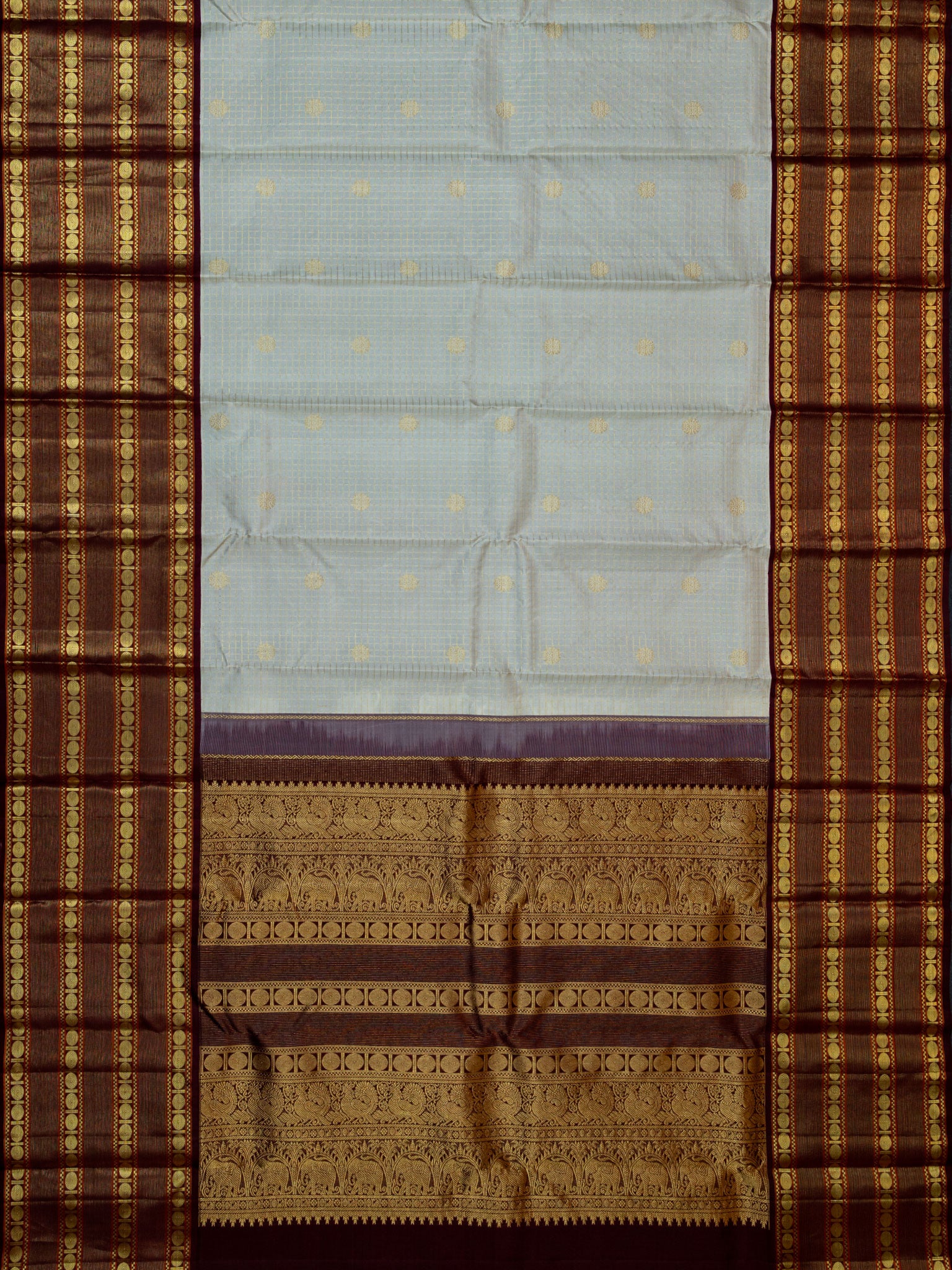 Kanjeevaram Kanchi Pattu All Over Butta Gold Zari With Contrast Border (Talambralu) White + Brown
