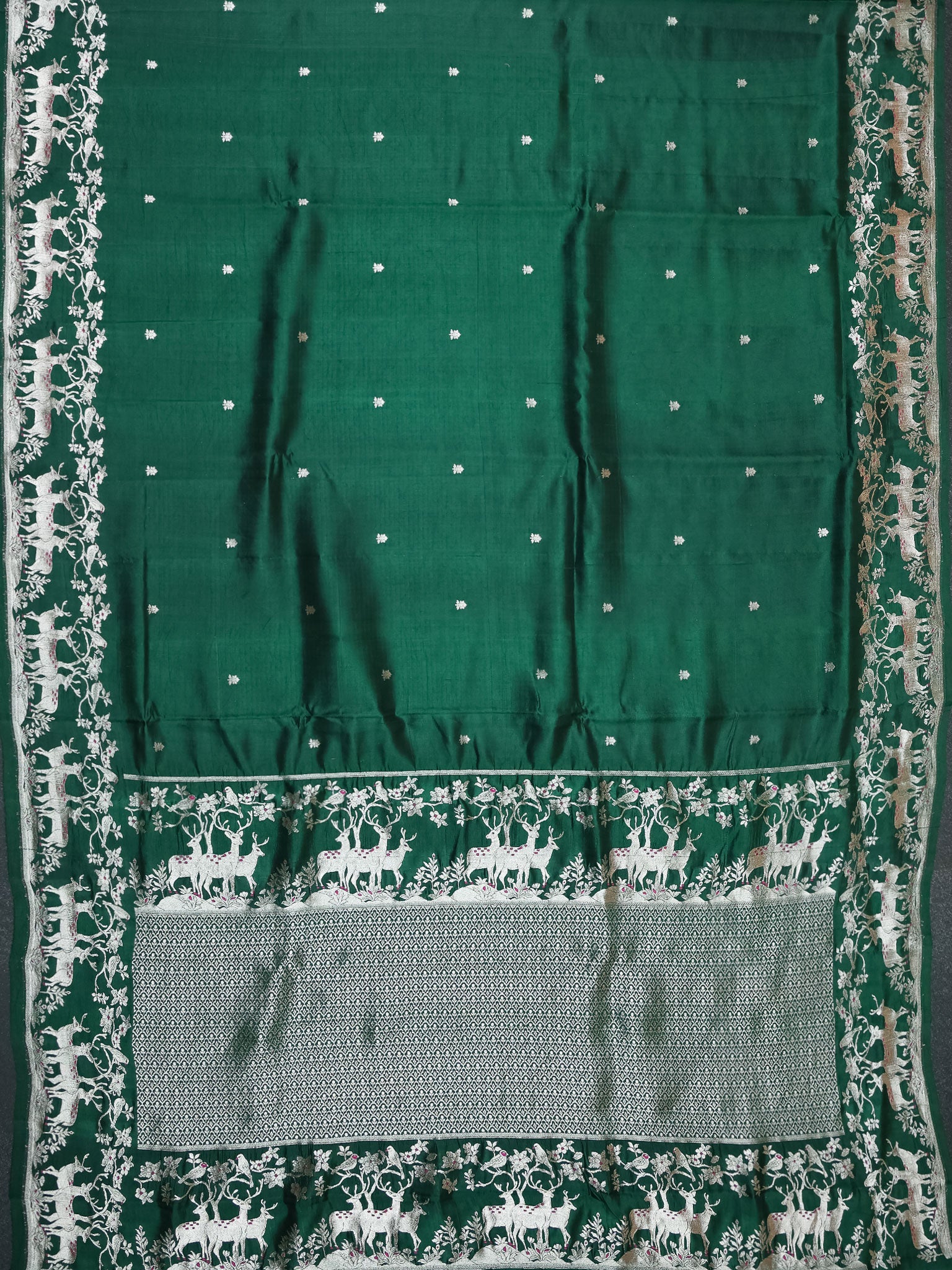 Bottle Green Chiniya Silk Saree With Small Butta Deer Border And Self Gold Zari