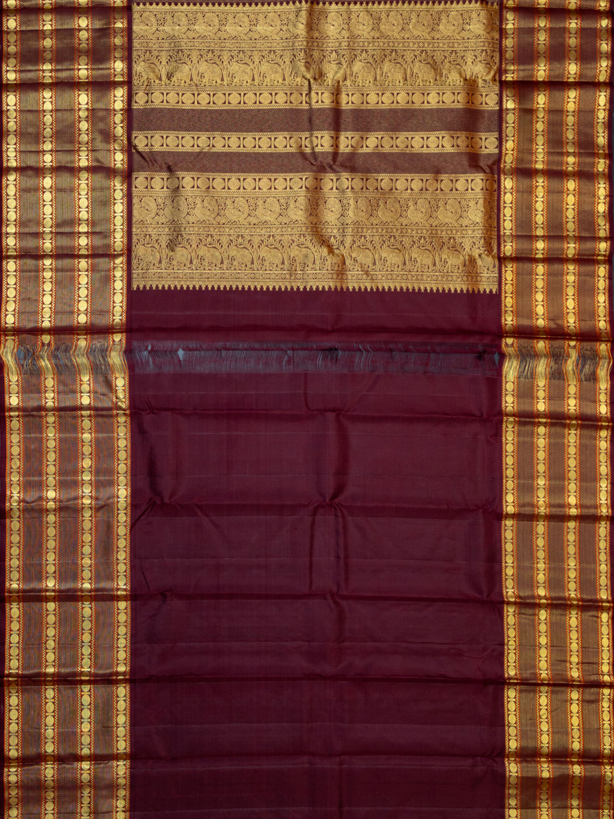 Kanjeevaram Kanchi Pattu All Over Butta Gold Zari With Contrast Border (Talambralu) White + Brown