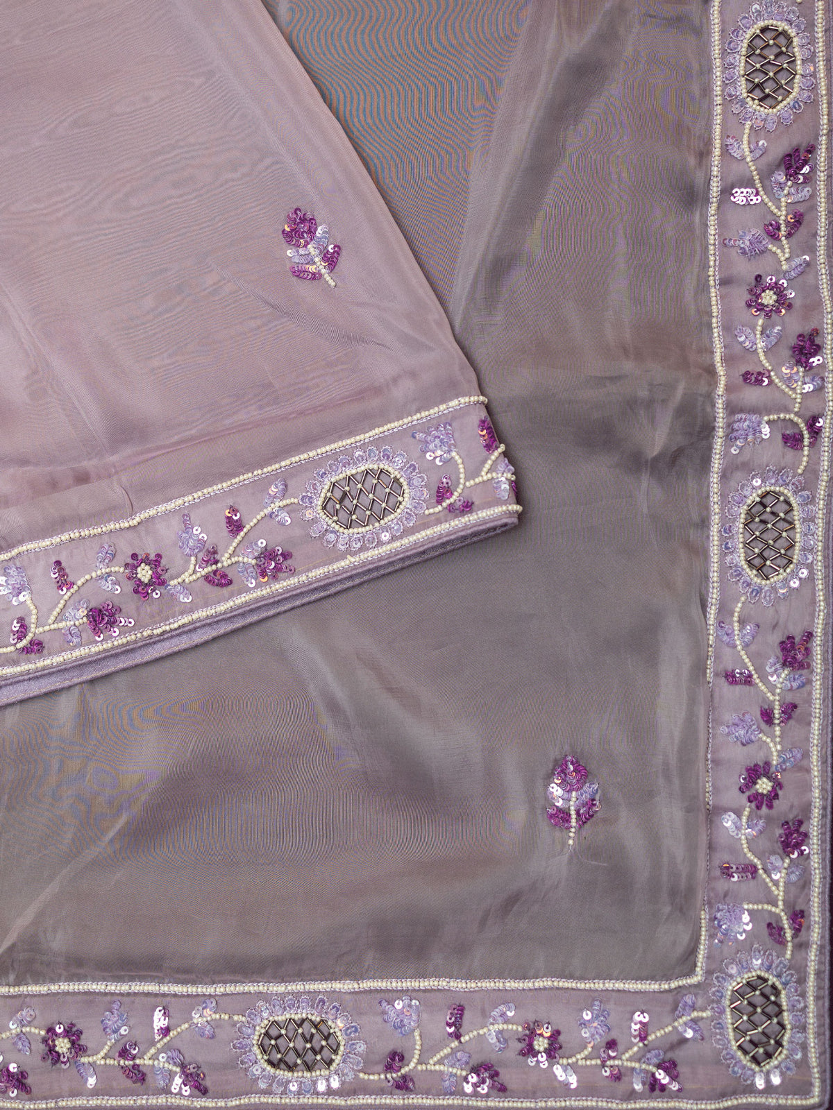 Fancy Crepe Plain Border Work (Pearls + Sequence ) Lavender