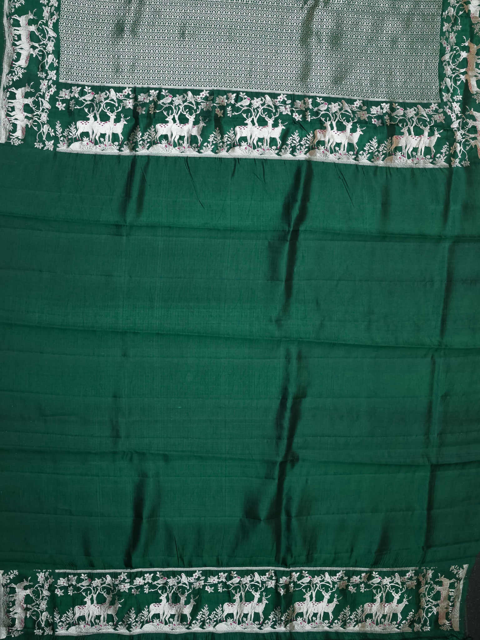 Bottle Green Chiniya Silk Saree With Small Butta Deer Border And Self Gold Zari
