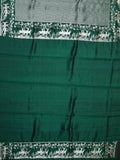 Bottle Green Chiniya Silk Saree With Small Butta Deer Border And Self Gold Zari
