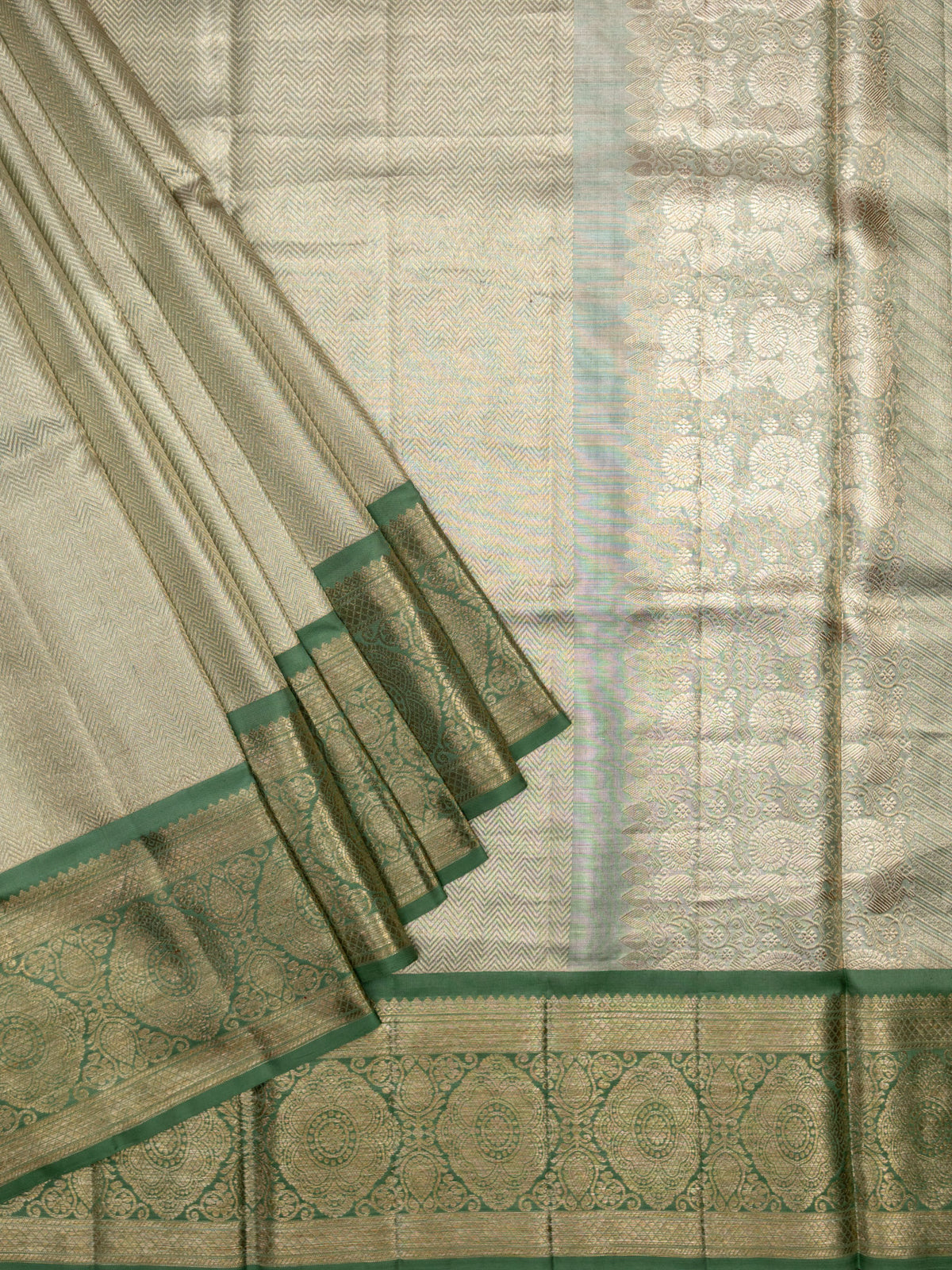Kanjeevaram Kanchi Pattu Matte Finish With Kanchi Border Silver + Bottle Green