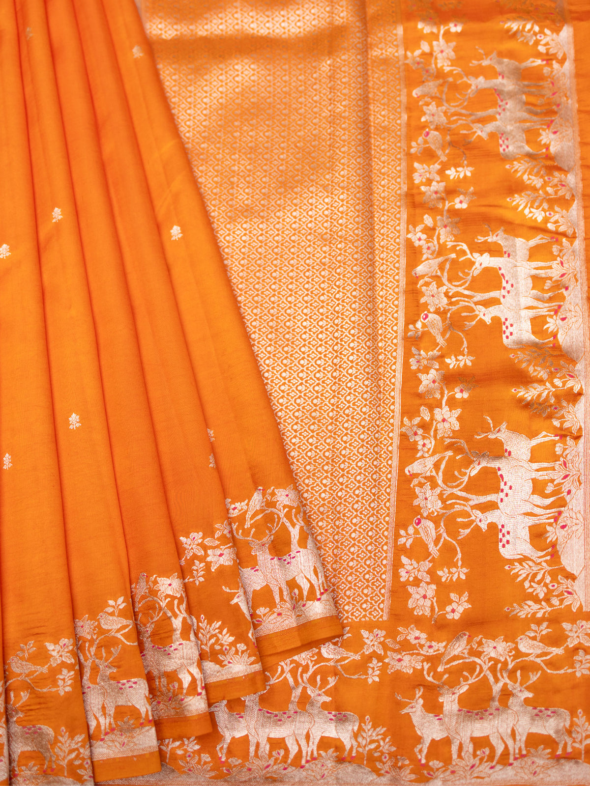 Orange Chiniya Silk Saree With Small Butta Deer Border And Self Gold Zari