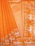 Orange Chiniya Silk Saree With Small Butta Deer Border And Self Gold Zari