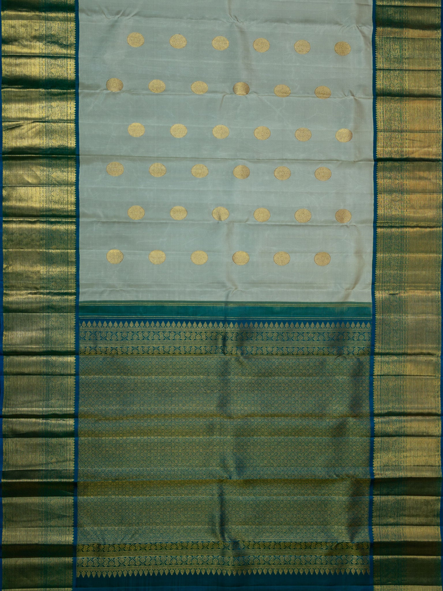 Kanjeevaram Kanchi Pattu All Over Butta Gold Zari With Contrast Border (Talambralu) Cream + Blue